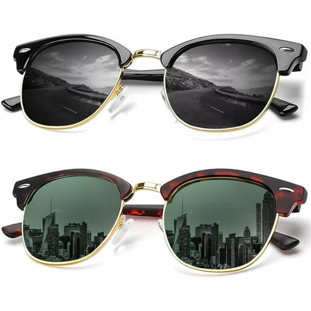Polarized Sunglasses Men Women UV Protection Retro Driving Semi Rimless Shades